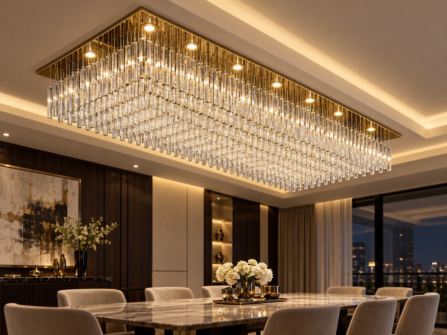 Long rectangular crystal chandelier for a grand interior