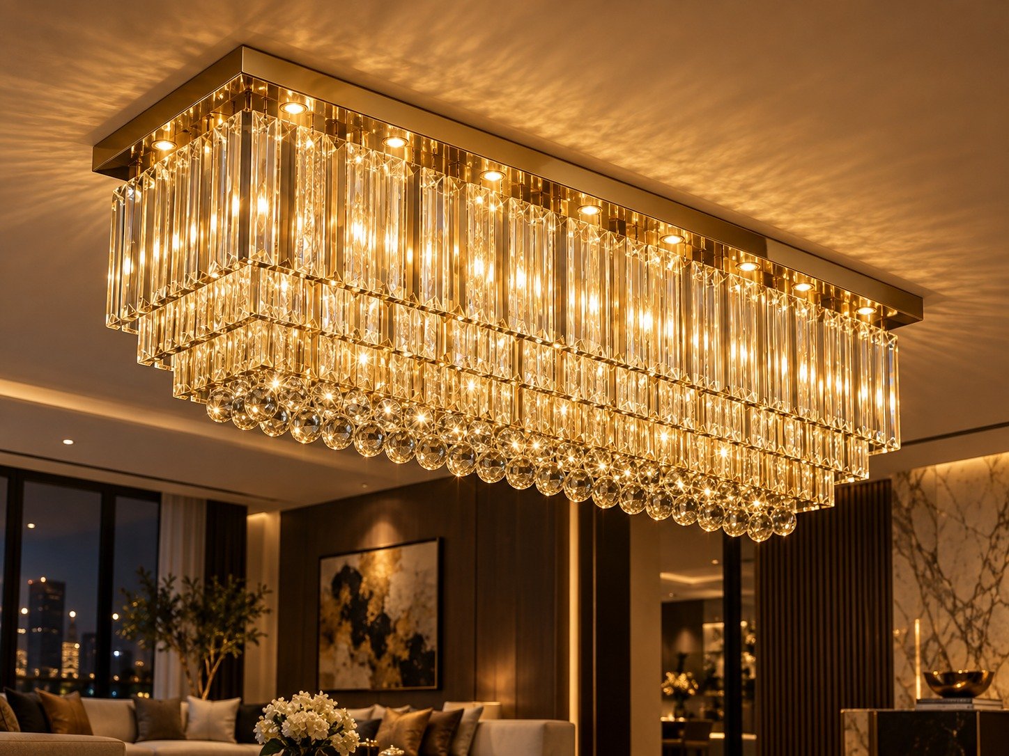 Warm golden crystal chandelier installation
